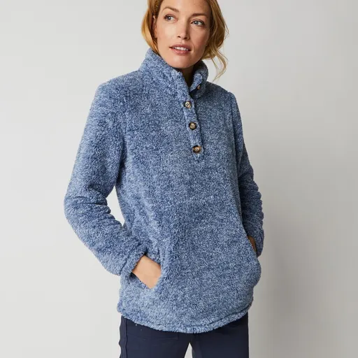 Hanorac tricotat din pluș cu guler înalt cu nasturi