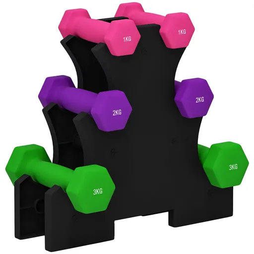 SPORTNOW Set de Gantere cu Suport, 6 Gantere în Total 2x1 kg, 2x2 kg, 2x3 kg, Multicolor | Aosom Romania