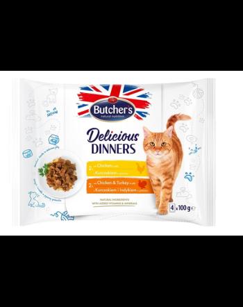 BUTCHER'S Delicious Dinners hrana in aspic, pentru pisici adulte 4x100g cu pui, cu pui si curcan