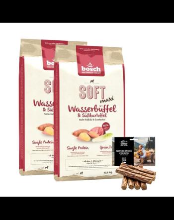 BOSCH Soft Maxi Hrana uscata pentru caini talie mare, bivol si cartofi dulcei 2 x 12,5 kg +  recompense sticks 7 buc