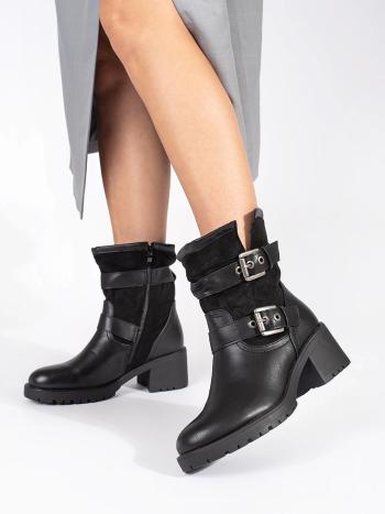 Botine negre exclusiviste pentru femei pe un toc lat