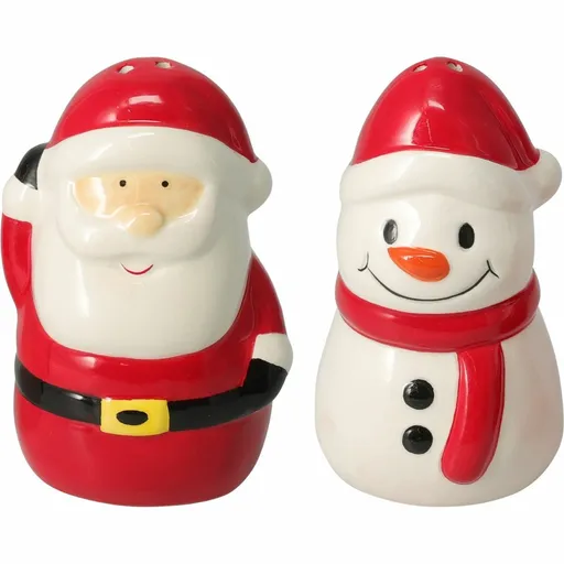 Solniță și piperniță de Crăciun din ceramică Moș Crăciun și Om de zăpadă