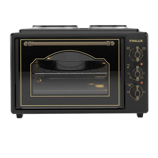 Cuptor electric cu 2 plite Finlux FMC-9705GB, 1600W, 45 l, Usa din sticla, Inchidere lina, Design retro, Negru