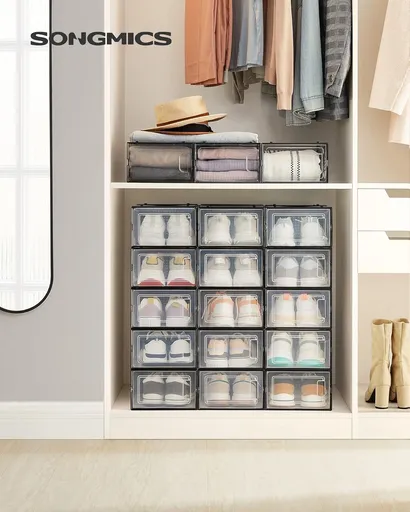 Set 18 cutii de pantofi, Songmics, 33.3x23x14 cm, polipropilena, transparent/negru