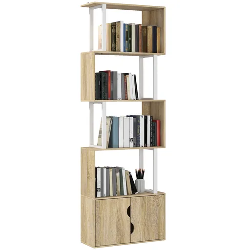 HOMCOM Bibliotecă cu 5 nivele, mobilier de depozitare cu rafturi și dulap cu dublă ușă, 60 x 23,8 x 179,2 cm, lemn natural | Aosom Romania