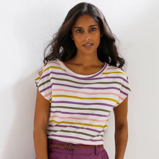 Tricou cu dungi și nasturi cu nucă de cocos pe umeri