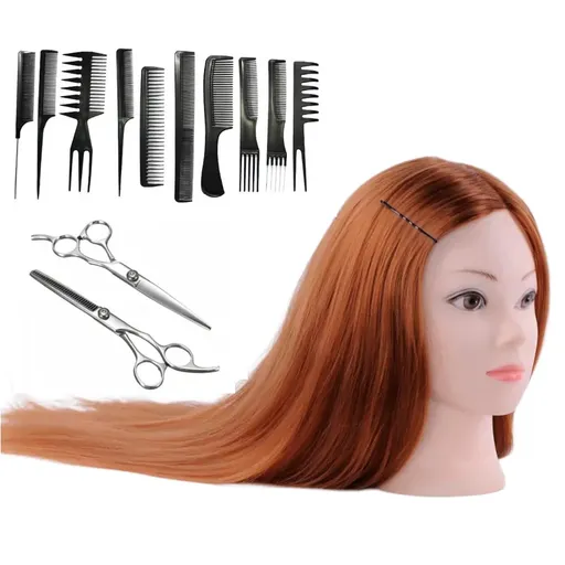 Set Frizerie Hair Master, Cap Manechin - 50% Par Natural, Foarfece de Tuns si Filat, Set 10 Piepteni