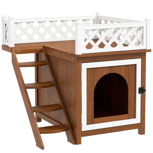 PawHut Casă pentru pisici, cu două nivele, cu balcon și scară, pentru interior și exterior, pentru pisici și iepuri, lemn de brad, Maro | Aosom Romani