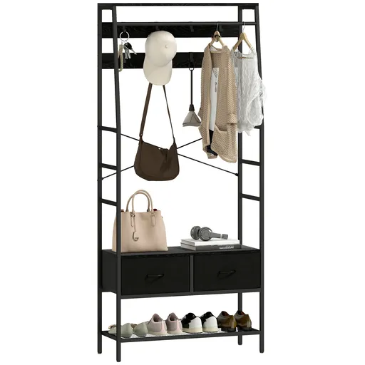 HOMCOM Suport pentru haine industrial cu 2 sertare textile, raft, 8 cârlige și cadru din oțel, 80 x 30 x 180,5 cm, negru | Aosom Romania