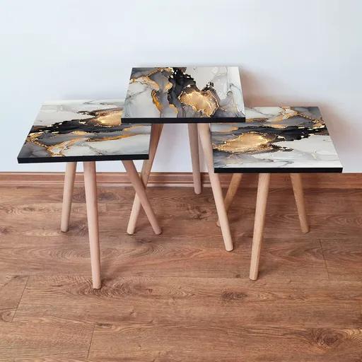 Set masute 3 piese, Hanah Home, 3Shp83, Negru / Alb / Auriu