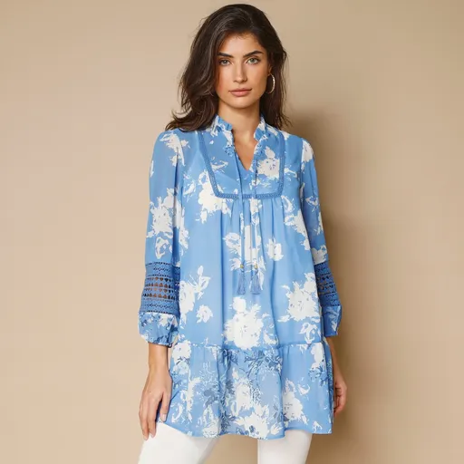 Tunică cu volan și mâneci 7/8, imprimată