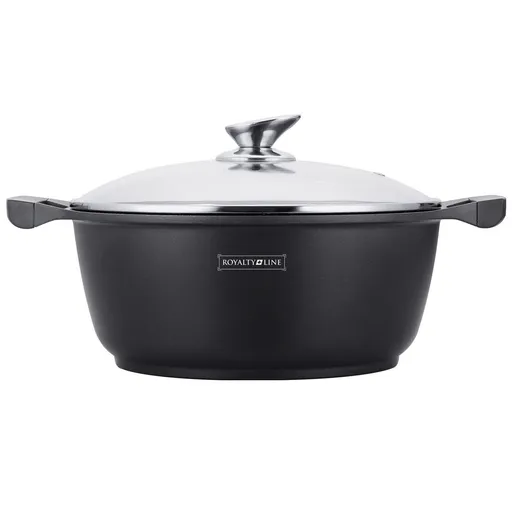 Cratita adanca Royalty Line RL-BS30ML, 30 cm, 7 L, Strat antiaderent din marmura, Capac din sticla, Fara PFOA, Pentru inductie, Negru