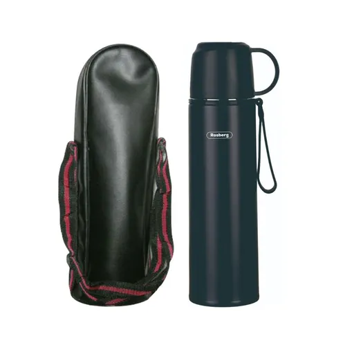 Termos cu husa Rosberg R52010FB, 0.5 L, Izolatie in vid dublu strat, Capac pentru pahar, Negru