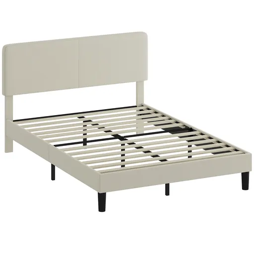 HOMCOM Cadru de Pat Matrimonial 140x200 cm Cap de Pat Reglabil pe Înălțime Îmbrăcat în Catifea, Pat Matrimonial cu Șipci de Lemn, pentru Dormitor, Mon