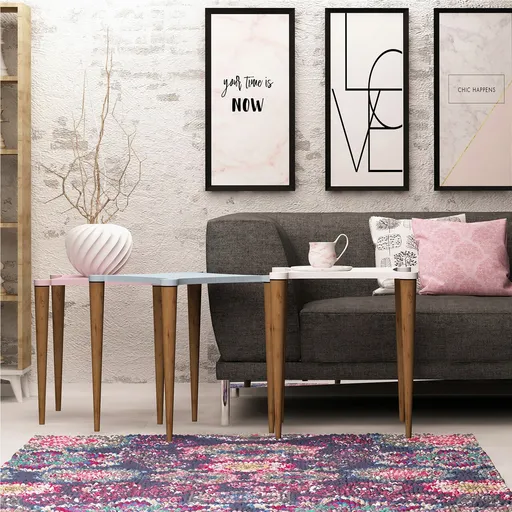 Set masute 3 piese, Hanah Home, Tremo, Alb / Roz / Albastru / Nuc