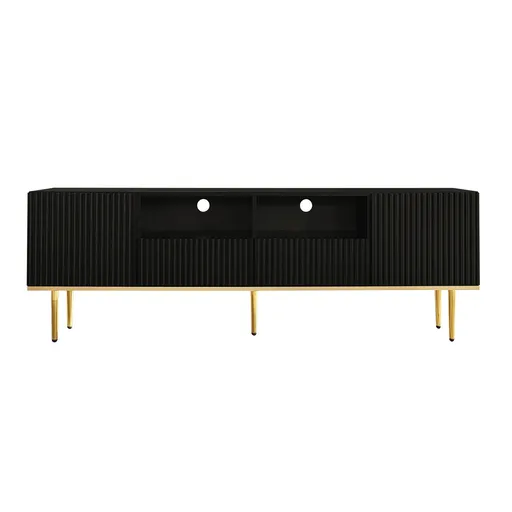 Mobilier TV Modern Modern cu Detalii Aurii, Două Rafturi și Două Sertare, din Lemn de Înaltă Calitate, 165x36x55 cm, Negru