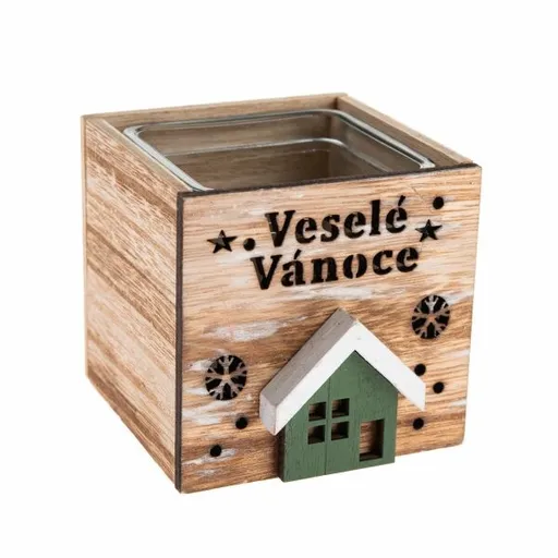 Sfeșnic din lemn cu sticlă Crăciun fericit, 9 x 8, 5 cm, natural, naturală