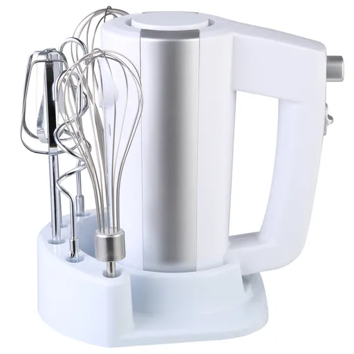 Mixer de mana Rosberg R51110KB, 300 W, 5 viteze + Turbo, Suport accesorii, Alb/Argintiu
