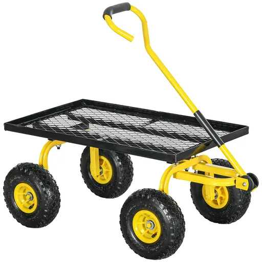 Outsunny Căruț de transport grădină remorcă manuală căruț cu brațe 4 roți 94 x 48,5 x 100 cm încărcare maximă 150 Kg metal galben | Aosom Romania