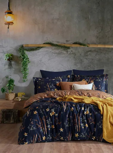 Lenjerie de pat dubla, L'essentiel Maison, Bamboo, Albastru închis / Maro / Galben