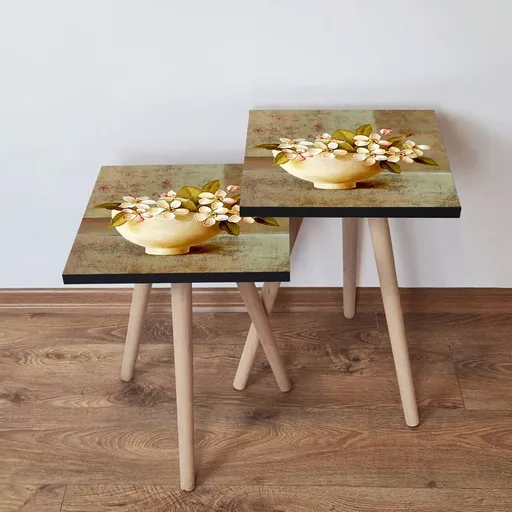 Set masute 2 piese, Hanah Home, 2Shp307, Bej / Verde / Crem / Roșu