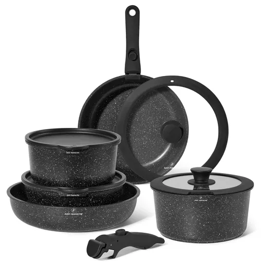 Set de oale si tigai Just Perfecto JL-998, 11 piese, Finisaj marmura, Inductie, 2 manere detasabile, Negru
