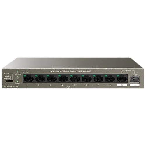 Switch TENDA TND-TEG1110PF-8-102W, 8 porturi Gigabit PoE, 1 port Uplink Gigabit, 1 port SFP Uplink Gigabit
