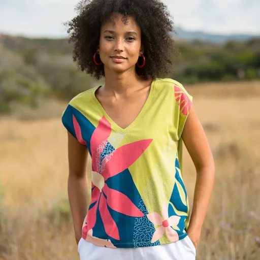 Tricou imprimat cu decolteu în V, bumbac/linen