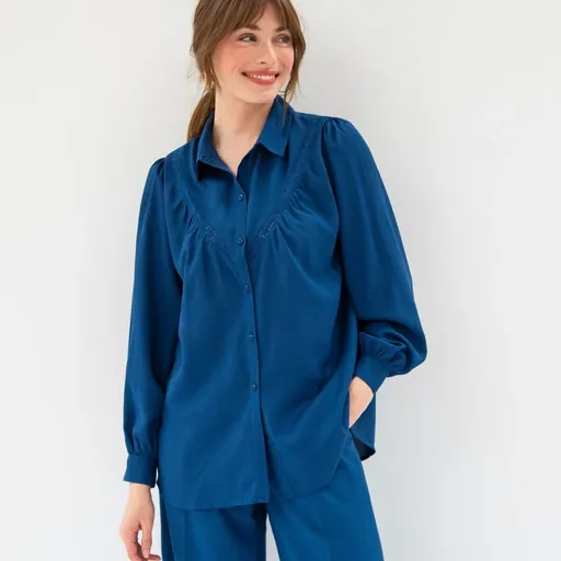 Bluză cămașă de culoare solidă cu macrameu