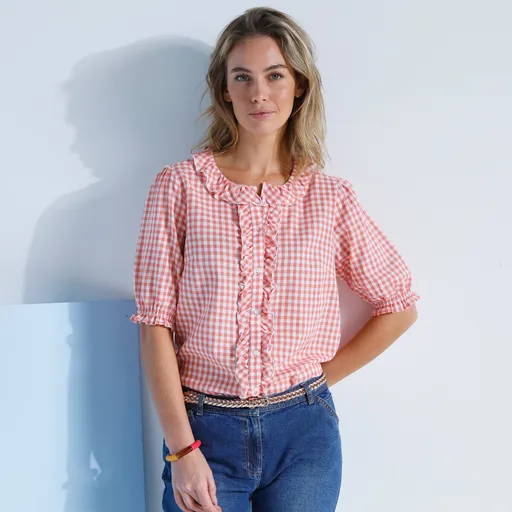 Bluză cu volane și imprimeu în carouri