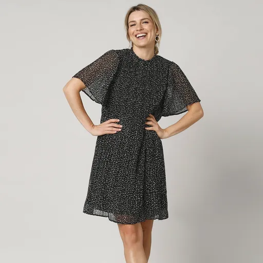 Rochie plisată din voal cu imprimeu cu buline