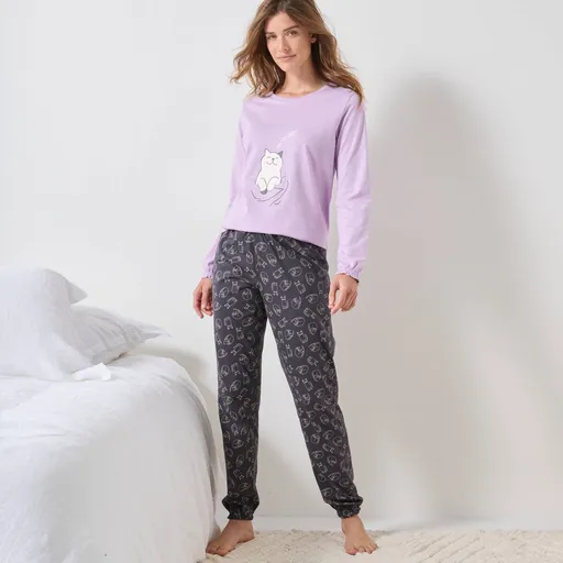 Pijamale cu volane și imprimeu de pisici