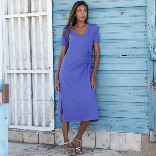 Rochie midi cu nod decorativ pe lateral și decolteu în V