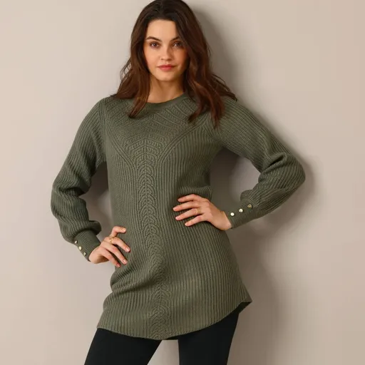 Pulover lung cu model și nasturi la mâneci