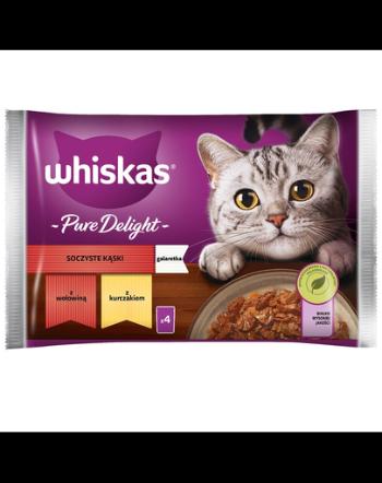 WHISKAS Adult Plicuri hrana umeda pisica 4x85 g Juicy Bites hrana umeda cu bucat de carne de vita, pui in aspic