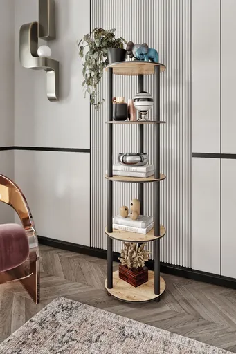 Corp biblioteca, Hanah Home, Bookcase 5 Tiers Round, 34x140x34 cm, MDF , Stejar