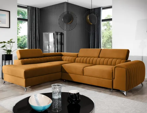 Coltar extensibil stanga 4 locuri, ELTAP, Lau-02, Laurence, 278x205x92 cm, lemn/poliester, mustar