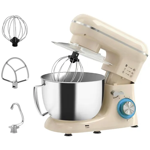 HOMCOM Robot de bucătărie 4,5 L 1300 W 6 viteze bol din oțel inoxidabil tel cârlig paletă bej | Aosom Romania