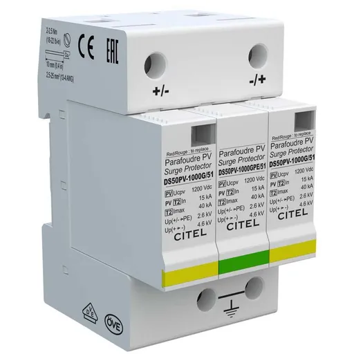Descarcator SPD, 2P, T2, 15kA, DC curent continuu, 1200V, fara contact de semnalizare la distanta Citel DS50PV-1000G/51