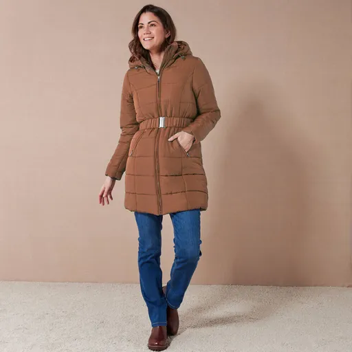 Jachetă lungă matlasată impermeabilă cu curea și fermoar