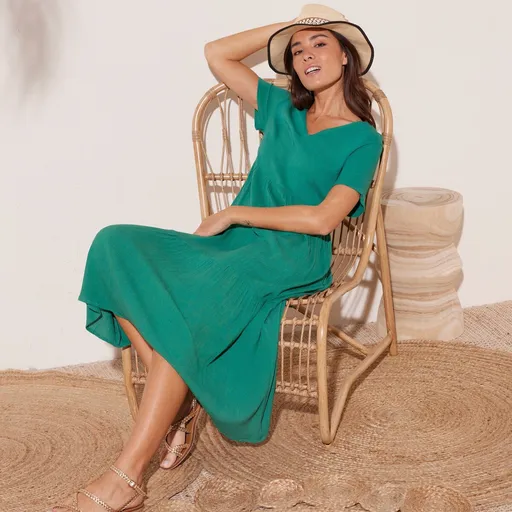 Rochie lungă de culoare solidă creponată cu decolteu în V