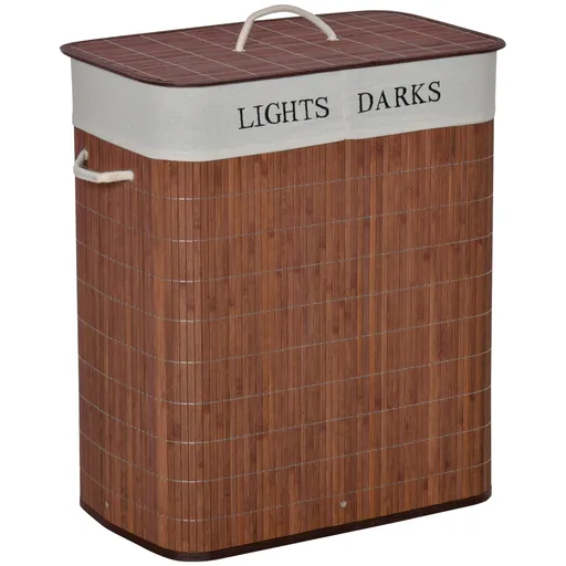 HOMCOM Coș de Rufe din Bambus Rezistent la Apă, 100L, 2 Compartimente, Manere Laterale din Frânghie, Design Elegant | Aosom Romania