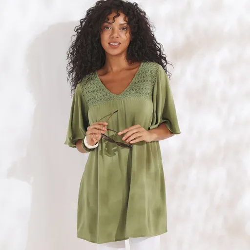 Tunică lungă cu macramé și decolteu în V