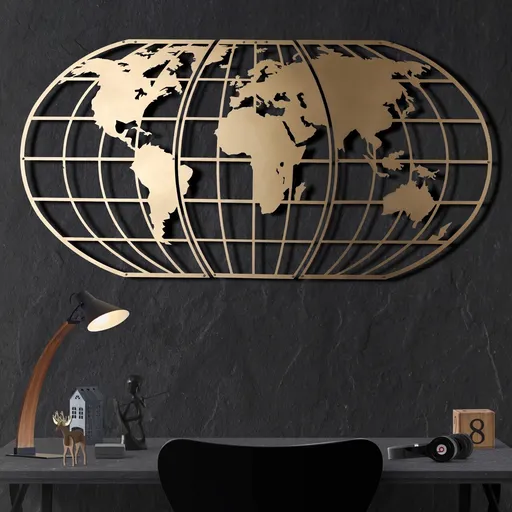 Decoratiune de perete, World Map Globe, Dimensiune: 60 x 120 cm, Auriu