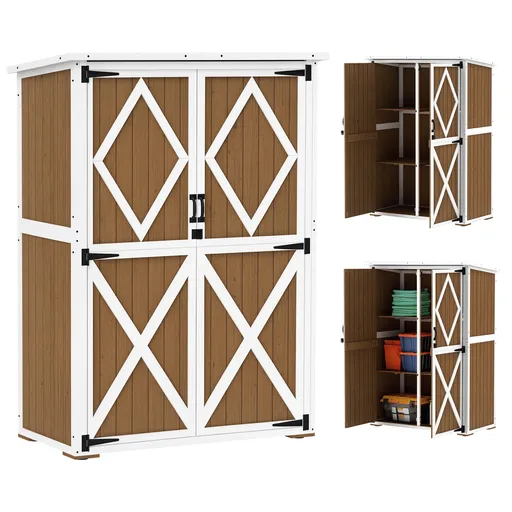 Outsunny Căsuță de Grădină cu 2 Rafturi, 2 Uși cu Încuietoare și Picioare Reglabile, 116.5x57x159/167 cm, Maro și Alb | Aosom Romania