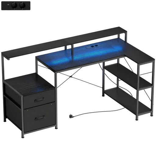 HOMCOM Birou Gaming în formă de L cu prize multiple, LED-uri, 165x80 cm, birou PC cu 2 sertare din material textil, 2 rafturi deschise, măsuță lateral