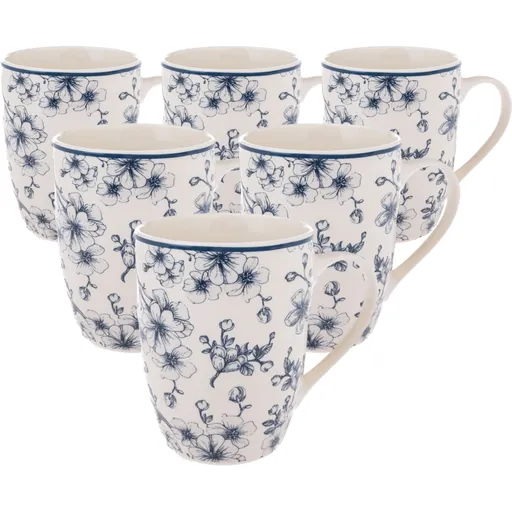 Set de 6 căni din ceramică Flori delicate 300 ml,albastru, albastru