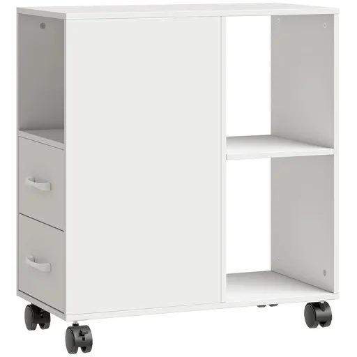 HOMCOM Măsuță laterală cu roți, măsuță pentru canapea, sertare, etajeră reglabilă și compartiment deschis, 60x30x65cm, alb | Aosom Romania