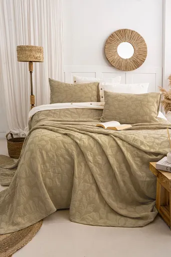 Set cuvertura de pat dubla 3 piese, L'essentiel Maison, Bambi, Bumbac, Kaki