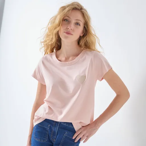 Tricou monocolor cu mâneci scurte și aplicație în formă de inimă